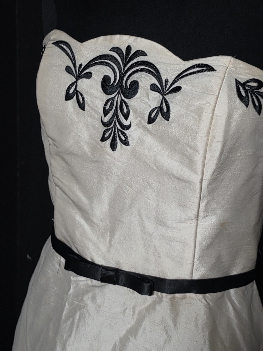 Jessica McClintock Cream Strapless Silk Dress with Black Embroidery